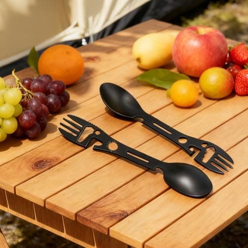 Verazquy 10-in-1 Multi-Tool Camping Spork - Utility Travel Cutlery Set in Stainless Steel, All-in-One Spoon, Fork, Knife with Bottle Opener Tools Eco Reusable for Hiking Outdoor(Black) — view 4