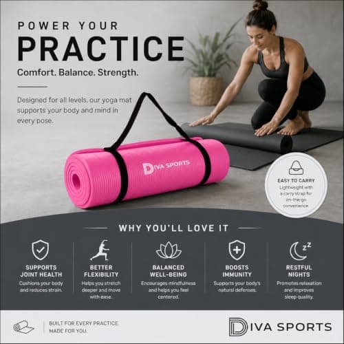 Diva Sports Premium Extra Thick Yoga Mat, 15mm Non-Slip Leather Workout Mat, 180x60cm with Carry Strap (Pink) — view 3