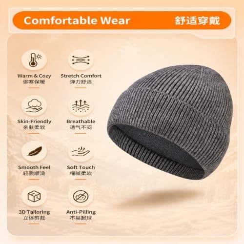 WHJYCC Light Grey Ribbed Beanie Hat, Fleece Lined Winter Knit, One Size — view 2