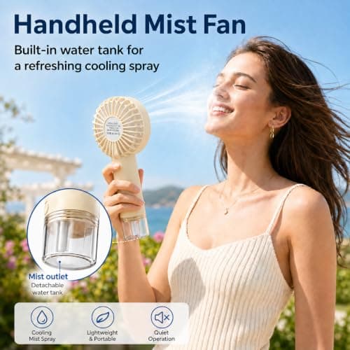 Thalynox Portable Electric Handheld Fan with Water Mist Spray, Beige — view 2