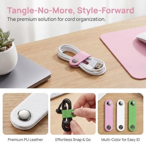 PU Leather Cable Tidy Straps, Reusable Cord Organiser, Portable Wire Management Ties for Charger Cables, Earphones, USB Cables, Home Office Travel (6 Pcs, Multicolor) — view 4