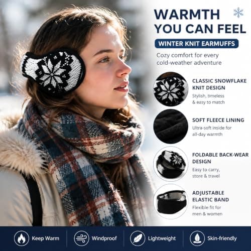 Unisex Winter Earmuffs, Foldable Behind Head Knitted Wool Ear Warmers with Adjustable Elastic Band, Snowflake Pattern Thermal Earmuffs for Outdoor Cold Weather Activities Travel — view 6