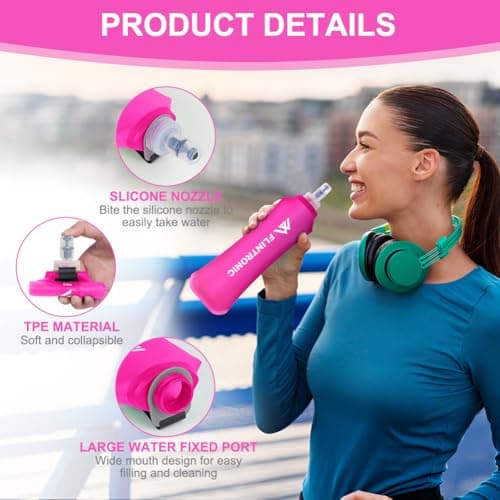 flintronic 2 Pcs Soft Flask, 500 ml/17oz TPU Foldable Running Water Bottle, Handheld Drinking Flask with Wrist Strap and Carabiner Clips, BPA-Free, BPA-Free, for Running, Cycling, Hiking, Pink — view 3