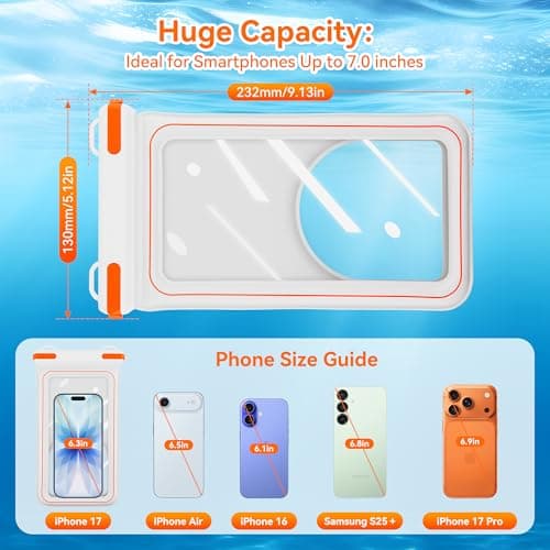 Double Space Waterproof Phone Pouch,IPX8 Waterproof Floating Phone Case,Cell Phone Dry Bag for Beach with Lanyard for iPhone 17 16 15 14 13 12 11 Pro Max,Huawei,OnePlus,Galaxy Fit up to 8.5” White — view 3
