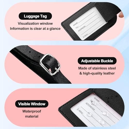 Redamancy Luggage Tags, Leather Suitcase Tags, Luggage Tags for Suitcases with Adjustable Strap Privacy Protection Cover for Preventing Loss of Bags and Suitcases (4PCS*Black) — view 4