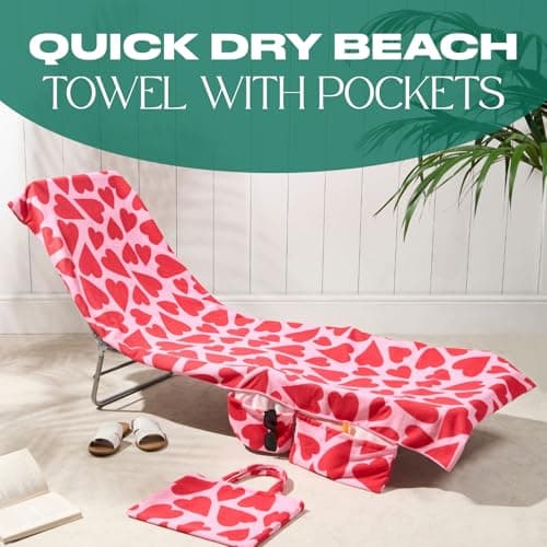 Brentfords Sun Lounger Beach Towel with Pockets, Soft Quick-Dry Absorbent Large Beach Towel in a Bag Lightweight Easy Storage Sun Bed Towels For Beach Holiday Accessories, Pink Hearts - 75 x 215cm — view 2
