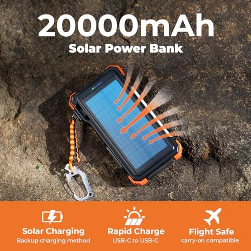 BLAVOR Solar Power Bank with Built in Cable 20000mAh Fast Charging Portable Charger, 20W USB C Battery Pack for Mobile Phones with Camping Light, Flashlight, Wireless Charging for Apple Watch — view 4