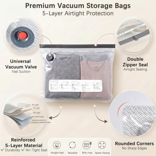 Vacuum Bags for Clothes with 60000Pa Electric Pump, Pack of 18 (6 x 40 x 50 cm, 6 x 40 x 60 cm, 6 x 50 x 70 cm), Extra Thick Vacuum Bags Travel Suitcase Hand Luggage Space Saver Bags Moving Wardrobe — view 4