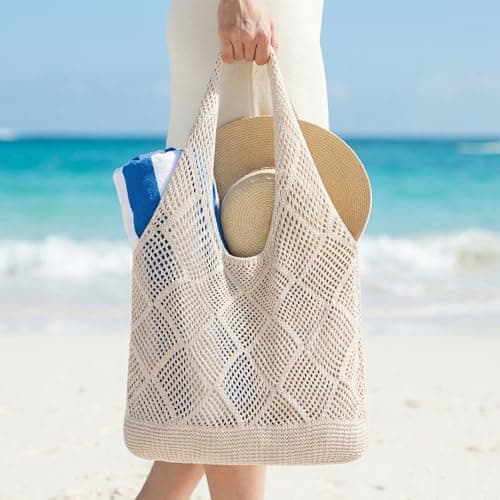 Solvio Crochet Boho Tote Bag, Shoulder Beach Tote, Women Knitted Handbags, Retro Hollow Woven Shoulder Bags, Woven Mesh Shopping Bag for Women's Summer Vacation — view 2