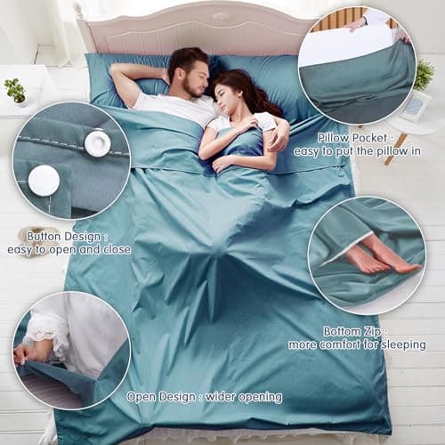 Plliocse Sleeping Bag Liner, Portable Travel Camping Sheet, 180 x 210 cm Double Size Sleeping Bag Liner with Pillow Pockets for Adults Hotels Business Trip Camping (Blue, 180cm x 210 cm) — view 4