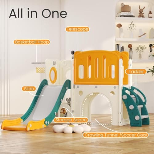 hoopyosms Toddler Slide with Climbing Ladder, Tunnel and Basketball Hoop, Indoor Outdoor Garden Slide Set for Kids, Children's Playground Toy, Montessori Play Equipment, Green — view 3