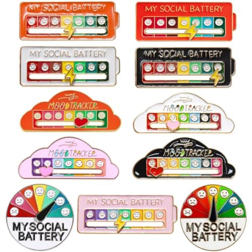 11PCS Social Battery-Powered Badge & Brooch Set, Interactive Mood Pins with 7 Sliding Expressions, Creative Enamel Lapel Pin Badges Funny Social Battery Pin for Backpacks Clothes Hats Bags Decor