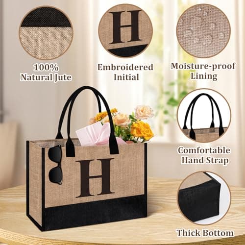 Tecanne Initial Jute Tote Bag & Makeup Bag, Birthday Gifts for Women Her Mum Teacher, Suitable for Wedding, Beach, Holiday (H) — view 3