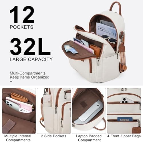 LATMAP 32L Vegan Leather backpack Women 14.5"x8.5"x16",Laptop Backpack for Women College Daypack Work Handbag Travel fits 14" Laptop Business,Beige — view 4