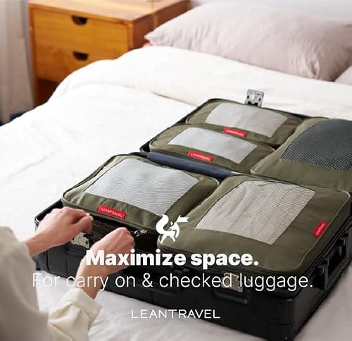 LeanTravel Premium Compression Packing Cubes for Travel - Suitcase Organizer Bags with Double Zipper & Breathable Mesh Panel - Space Saving Carry On Luggage Essentials (6-Pack, Olive Green) — view 5
