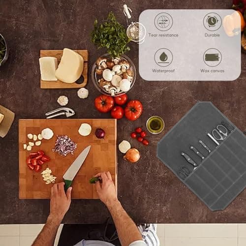 Megcdtr Knife Roll Bag, Knife Roll for Chefs, 7 Slots Waxed Canvas Knife Bags, Portable Tool Storage Bag with Drawstring, Suitable for Home Kitchens Camping Hiking and As a Gift for Chefs (Grey) — view 4