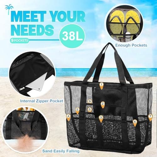 HUSHRICH Mesh Beach Bag Lightweight Large Tote Bag Sand Free, 10 Pockets Handheld Beach Hollow Mesh Bags Black Large Capacity Shoulder Beachs Bags Pool Vacation — view 3