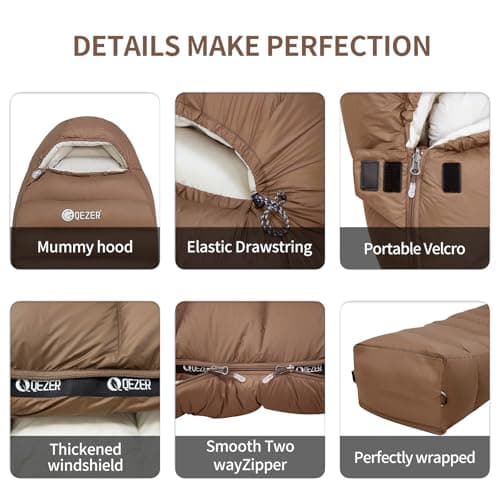 QEZER Winter Sleeping Bag for Adults, Lightweight Down Sleeping Bag -20 Degree C for Cold Weather Camping and Mountaineering Outdoor with 650 FP Duck Down (Coffee, 1000g down) — view 5