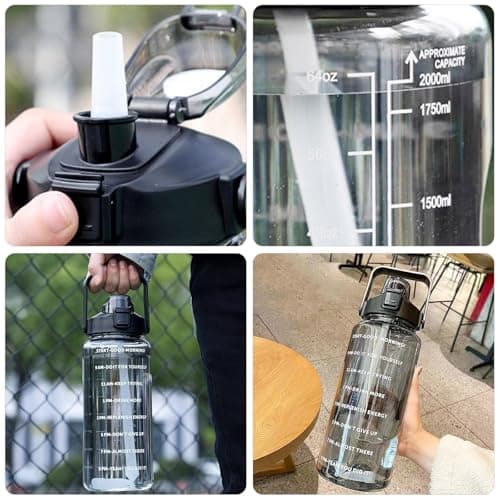 2L Water Bottle with Straw,Clear Leakproof Sports Bottle with Time Markings,Portable Handle Drink Bottles,Heat Resistant Motivational Jug for Gym Hiking Ensure Drinking Throughout The Day (Black) — view 5