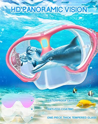 Gintenco Kids Snorkel Set, Dry Top Snorkel Mask Anti-Leak for Youth Junior Child, Anti-Fog Snorkeling Gear Free Breathing,Tempered Glass Swimming Diving Scuba Goggles 180° Panoramic View (Light Pink) — view 6