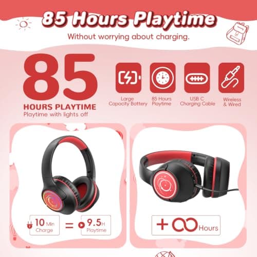 Kids Headphones Wireless with LED Lights 85H Playtime for Toddler Boy Black — view 2