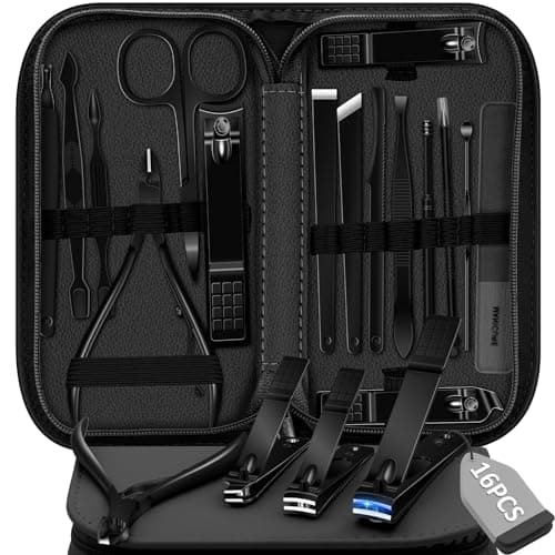 Manicure Set Pedicure Kit, 16 Pcs Stainless Steel Nail Clippers Set, Professional Nail Care Tools Grooming Kit with Portable Travel Leather Case for Men Women Black