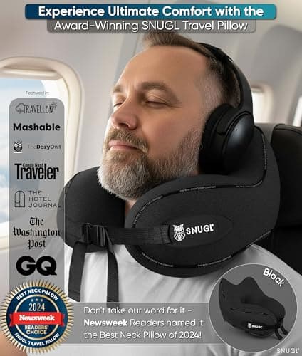 SNUGL Travel Pillow - Neck Pillow Memory Foam, Travel Neck Pillows for Adults, Ideal for Camping, Airplane & Gaming - Travelling Essentials - Gifts for Travellers (Black - Adult Regular) — view 2