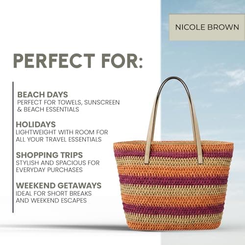 Nicole Brown Women's Straw Tote Bag Blue Multi – Woven Summer Beach Bag with Zip Closure & Interior Pocket, Lightweight Holiday Shoulder Shopper for Travel, Shopping & Beach Days — view 6