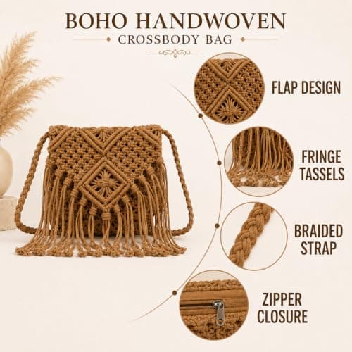 Fjquamitix Straw Cross Body Bag Women Boho Macrame Handmade Crochet Bag With Zipper Closure Fringe Shoulder Beach Purse Summer Handbags Travel Vacation Daily Use (Coffee) — view 3