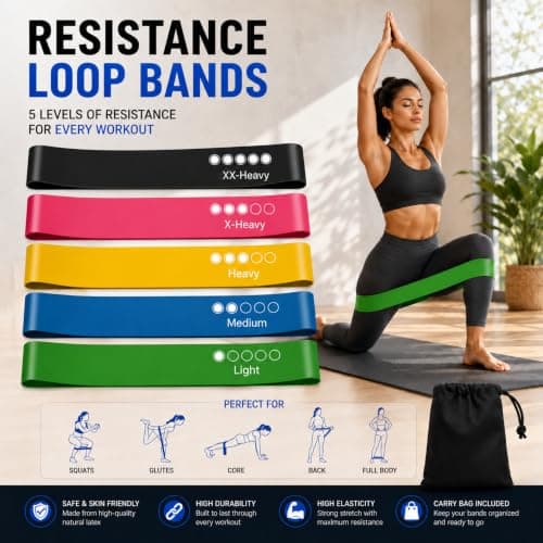 Resistance Bands Set of 5 Levels With Carry Pouch Elastic Bands For Exercise Loop Bands For Women & Men, Elastic Fitness Band For Strength Training, Pilates, Yoga, Home Workouts, Stretching, Rehab — view 6