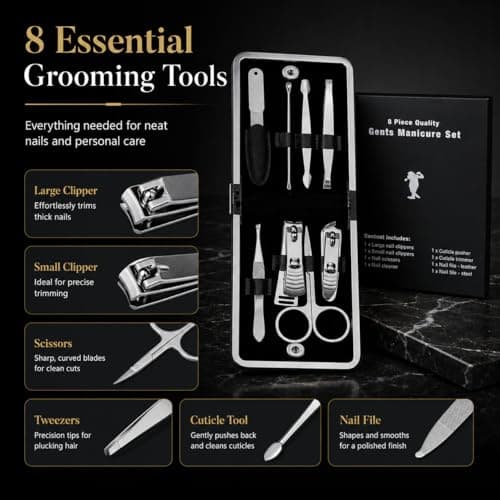 8 Piece Men's Manicure Set in Leather Travel Case – Complete Nail Care Grooming Kit with Clippers, Scissors & Tools – Portable Gift Set for Home & Travel (white) — view 2