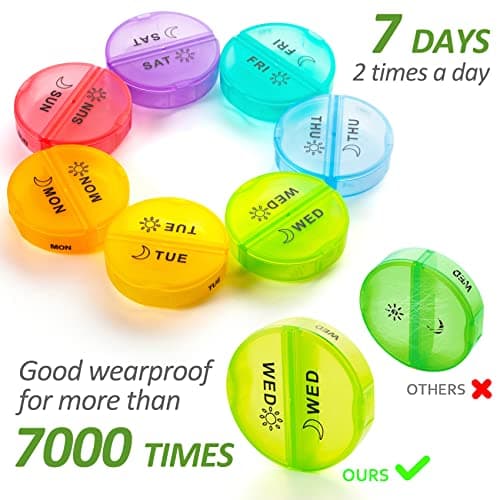 Weekly Pill Boxes 7 Day 2 Times a Day, Large Pill Box Organiser with Zipper Neoprene Case, XL 7day Round Travel Pill Organiser Daily AM PM Tablet Holder for Vitamin Supplement Pot (Black) — view 3