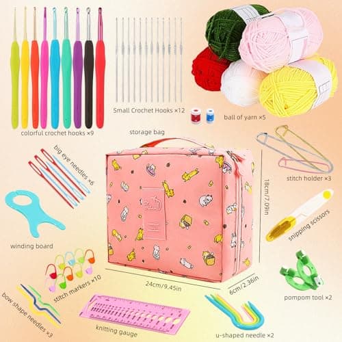 Crochet Kits for Beginners Adults,Crochet Hooks Set Includes Ergonomic Rubber & Metal Crochet Hooks, Knitting Accessories and Bag,UK Best Starter Beginners Crochet Kit and DIY Knitting Crochet-Pink — view 2