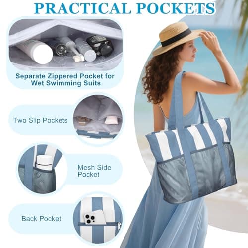 VASCHY Beach Bag for Women, Foldable Waterproof Sandproof Beach Tote with Zipper/Mesh Pockets for Vocation/Cruise/Gym/Travel Stripped Blue White — view 5