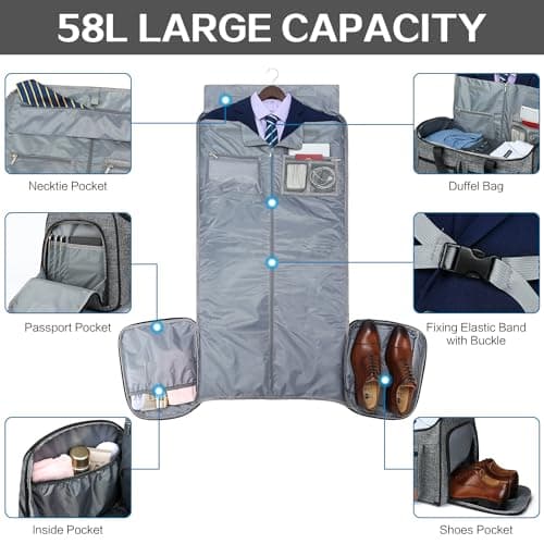 TUGUAN Convertible Garment Duffle Bags for Travel, Carry on Garment Duffel Bag Backpack for Men Women, 3 in 1 Large Suit Travel Bag with Shoe Compartment & Back Straps for Weekend Luggage, Grey — view 4