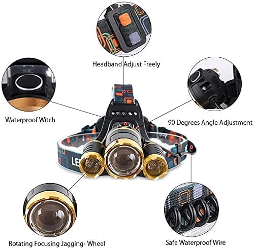 Waterproof 10000 Lumen 3 Led Headlamp XML T6 Head Lamp Powerful Led Headlight, Rechargeable Flashlight Head Lights for Camping, Hiking, Outdoors (Gold) (Gold) — view 2