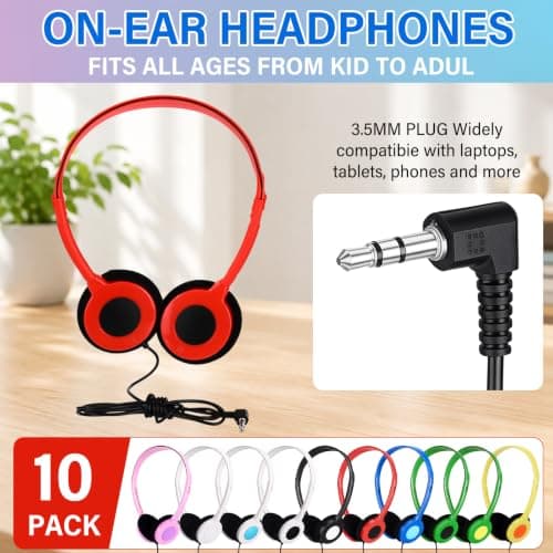 Konohan 10 Pack Bulk Wired On-Ear Headphones with 3.5mm Jack Adjustable Lightweight Individually Wrapped Headphones for Students Classroom School Library Office Travel (Multi-Color) — view 2