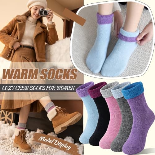 EBMORE Womens Merino Wool Socks Thermal Thick Warm Winter Cosy Boot Work Gift Stocking Fillers Women Hiking Walking Ladies Socks 5 Pairs(Turn Cuff Purple) — view 4