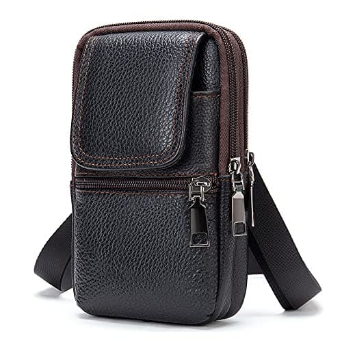 Cell Phone Waist Pouch Leather Men, Crossbody Phone Bag Mens, Vertical PU Leather Shoulder Messenger Bag Travel Crossbody Pack Belt Clip Holster Wallet Purse for Cell Phone/Mini Tablet
