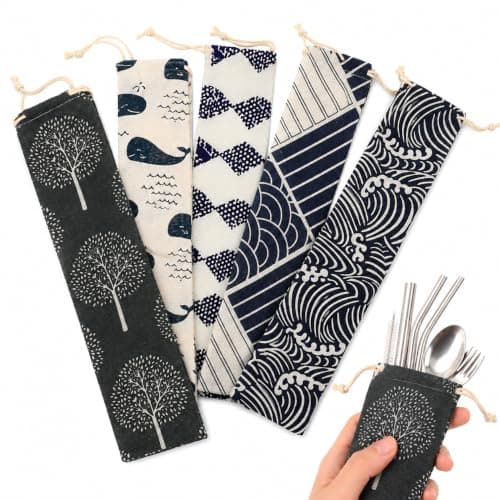 Healeved 5Pcs Reusable Straw Pouch, Cotton Linen Straw Holder Case with Drawstring Closure, Portable Travel Storage Bag for Metal Glass Bamboo Straws, Cutlery and Eco Friendly Utensils