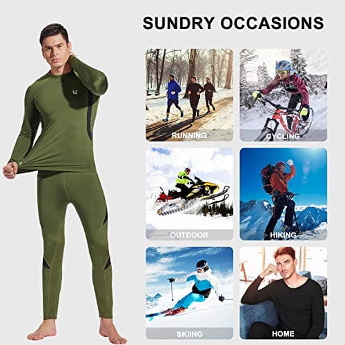 UNIQUEBELLA Mens Thermal Underwear Set Long Sleeve Tops Long Johns Thermal Base Layer Bottom Fleece Lined Quick Drying, Green 1, M — view 6