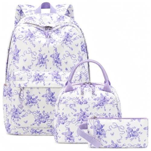 CAMTOP Girls Backpack with Lunch Box Set, Cute Bow School Backpack for Kids, 3-in-1 Lightweight Lunch Bag and Pencil Pouch, Purple Flower White, One Size, Daypack Backpacks