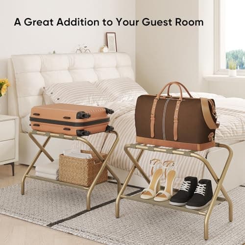 Smart FENDEE Set of 2 Gold Luggage Racks for Guest Room, Folding Suitcase Stand with Fabric Shelf, Steel Portable Luggage Stand Bedroom, Hotel, Easy Assembly, Hold up to 110 lb — view 2