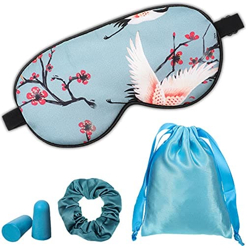 Hicarer Silk Sleep Mask Blindfold with Earplugs Pouch Scrunchie,Blue Crane