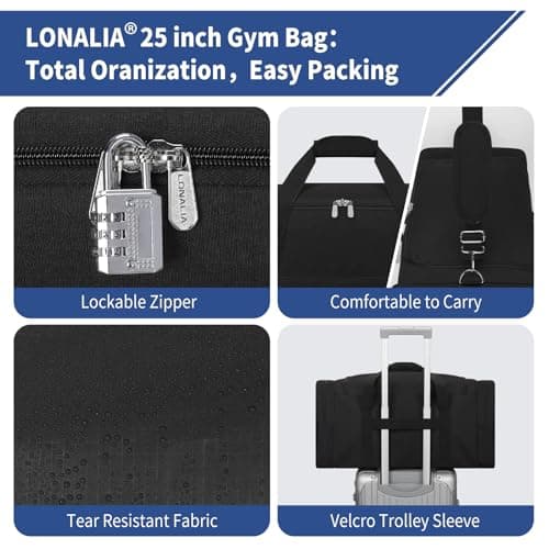 LONALIA 54L Large Holdall Duffle Bag for Men - 25 inch Weekend Overnight Bags for Travel Gym Sports (Black) — view 4