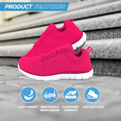 Get Fit Women's Lightweight Running Trainers - Breathable Mesh Gym Shoes with Cushioned Sole - Comfortable Walking & Fitness Sneakers - Lace-Up Athletic Footwear - Fushia - 7-40 — view 3