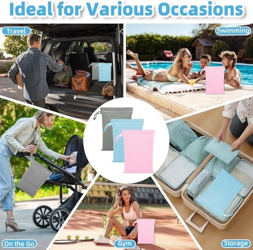 GOEDEKE 3 PCS Wet Bags, Reusable Cloth Diaper Bags with Handle and Zipper, 40 x 30 cm Wet Bags for Swimming Travel, Washable Wet Dry Bag for Travel, Beach, Camping, Swimming, Gym (Grey, Blue, Pink) — view 5