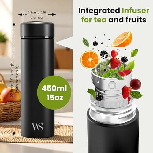 Tea & Fruit Infuser Water Bottle + Strainer + BPA-Free Fruit Insert | Vacuum Insulated 450ml Stainless Steel Flask | Portable Tea & Coffee Tumbler: Office, Outdoor, School, Sports, Bike - Black — view 2