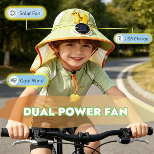 Solar Powered Fan Sun Hat for Kids,cap with neck protection kids,UPF 50+ sun protection,Solars & USB charging,unisex kids,adjustable chin strap cap 2-9 Years — view 3