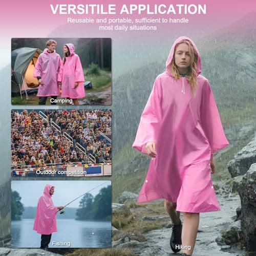 Chyaya 2 Pack Rain Poncho Waterproof Raincoat for Men Women Adults,Lightweight Thicken Emergency Rain Jacket Hooded for Camping Hiking Travelling,Outdoor Activities - Pink — view 6